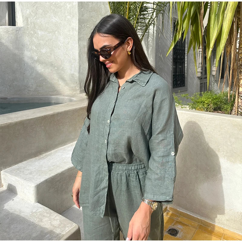 Women Cotton Wide Leg Pant Set