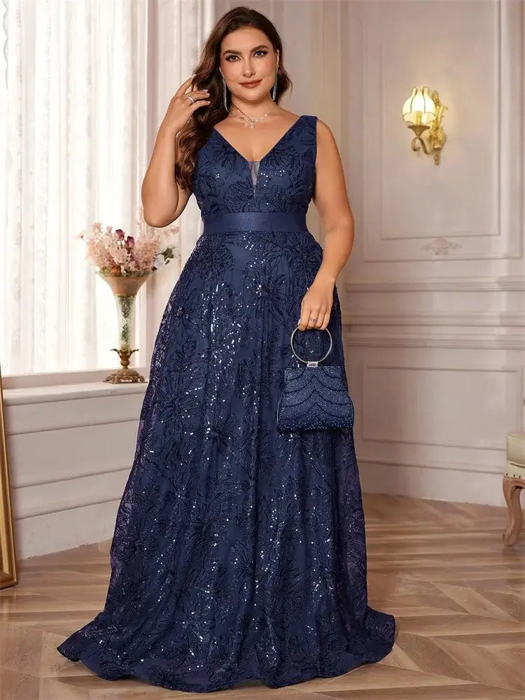 Women Plus Size Sequin Evening Dress Deep V Prom Gown