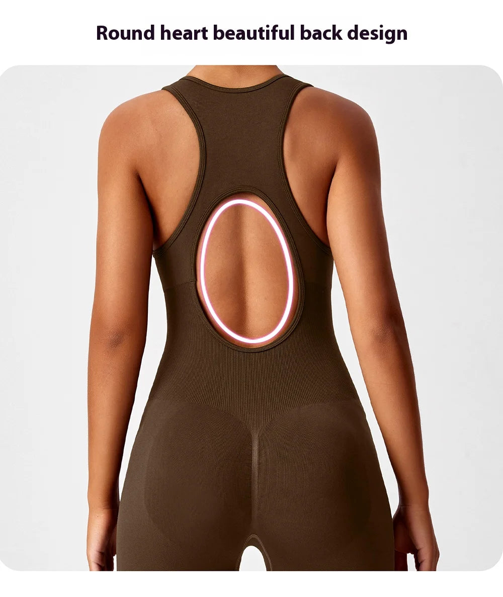 Seamless Peach Booty One-Piece Yoga Bodysuit – V-Back Tummy Control