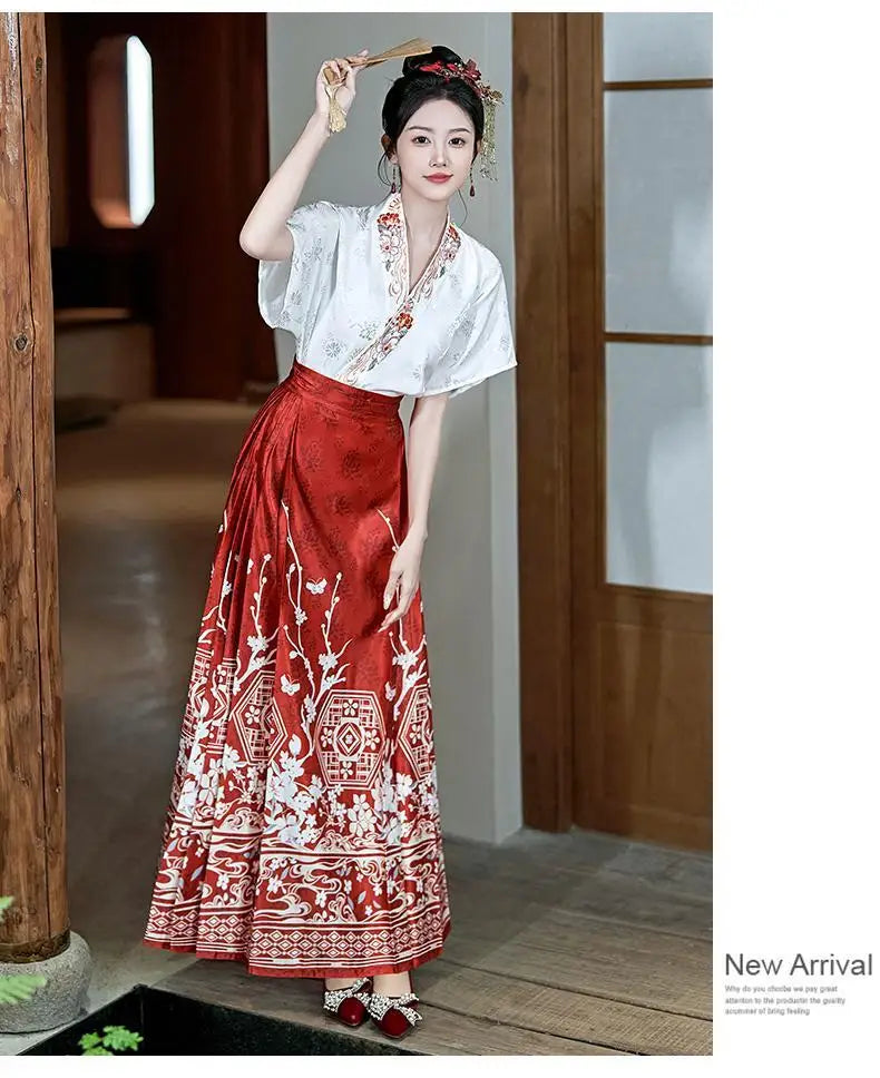Traditional Hanfu oversized embroidered blouse with a red skirt, showcasing intricate floral patterns, perfect for women's fashion.