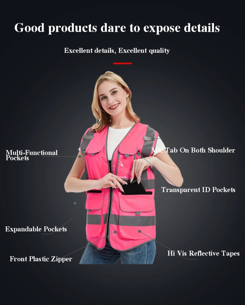High visibility pink safety vest for women, featuring reflective strips and multiple pockets for convenience.