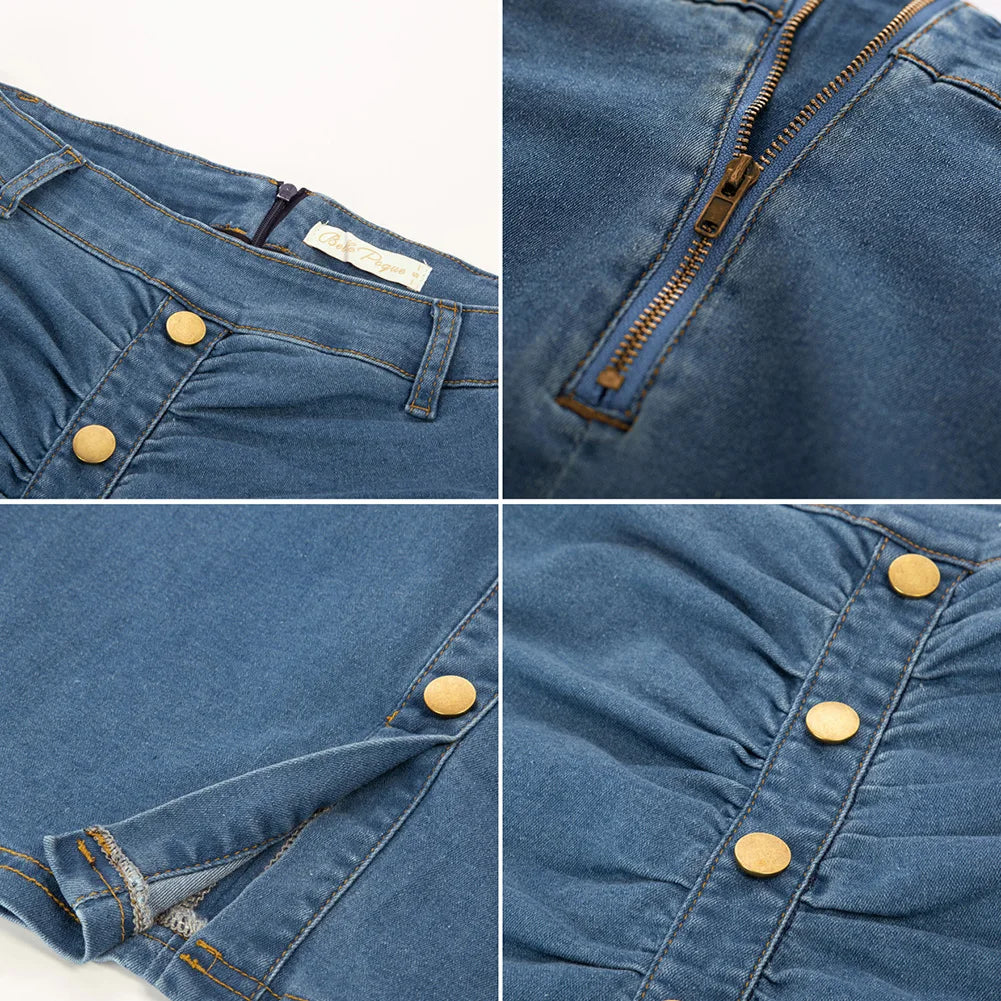 BuckleCurve™ – Ruched Belt Bodycon Skirt (High Waist Retro Denim)