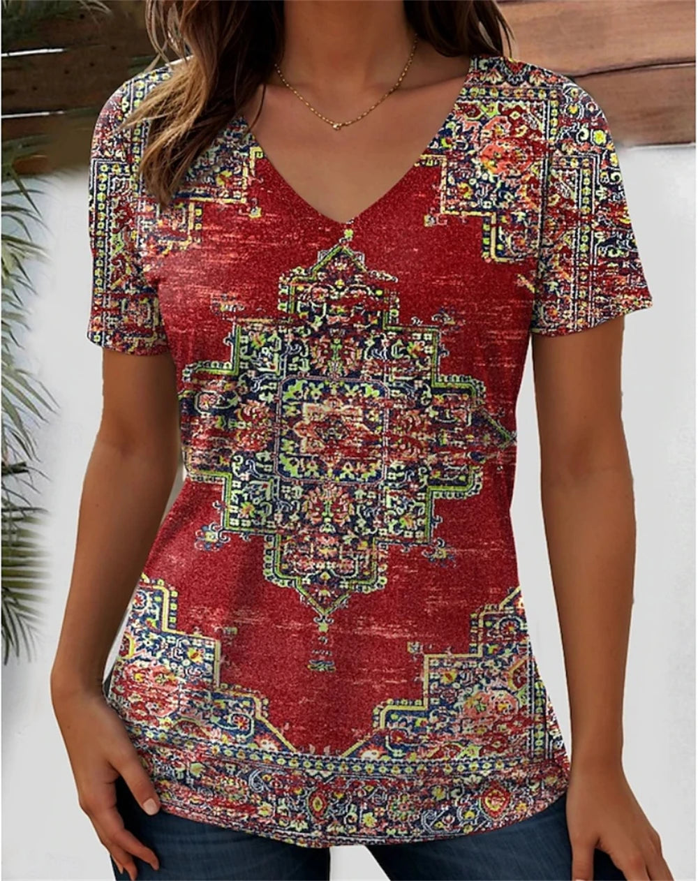 3D floral graphic V-neck tee for women, featuring a vibrant red pattern, perfect for casual wear.