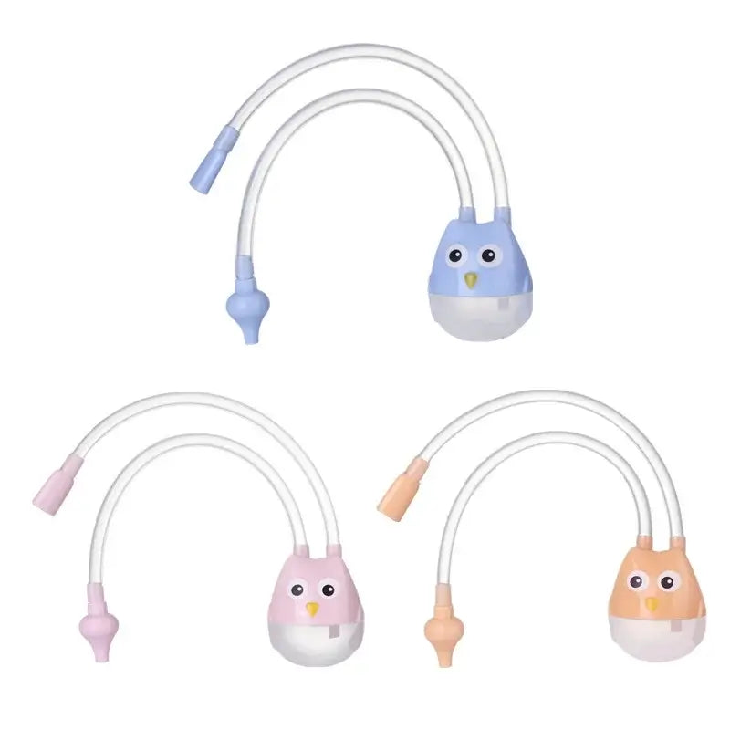 Mouth suction nasal aspirator for newborns in owl design, available in pink, blue, and orange, made of silicone.