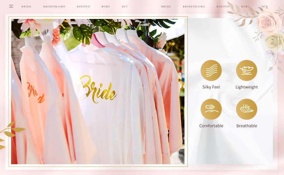 Elegant pink Bride kimonos hanging, showcasing silky texture and lightweight design for wedding celebrations.