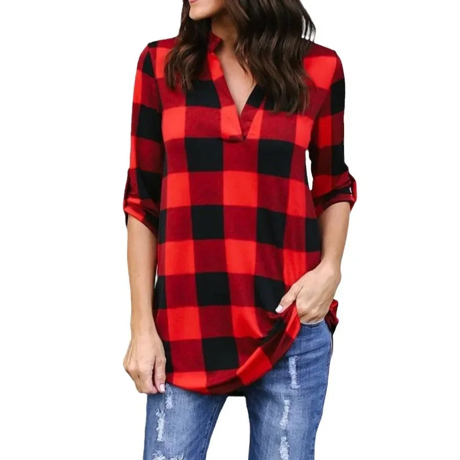PlaidVibe™ V-Neck Summer T-Shirt in red and black check, lightweight women's casual beach style top.