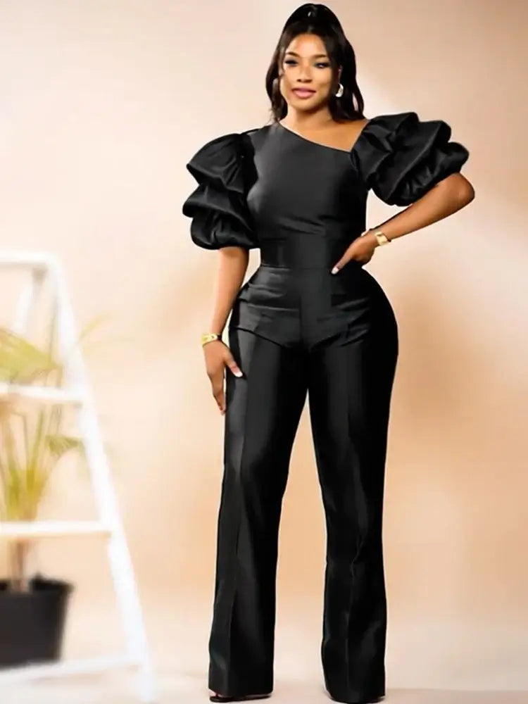 Women Satin Puff Sleeve Party Jumpsuit