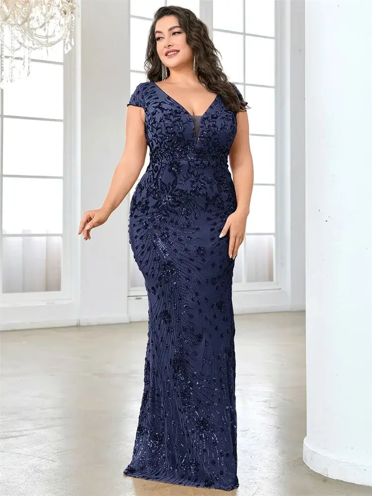 Women Plus Size Mermaid Sequin Formal Prom Dress