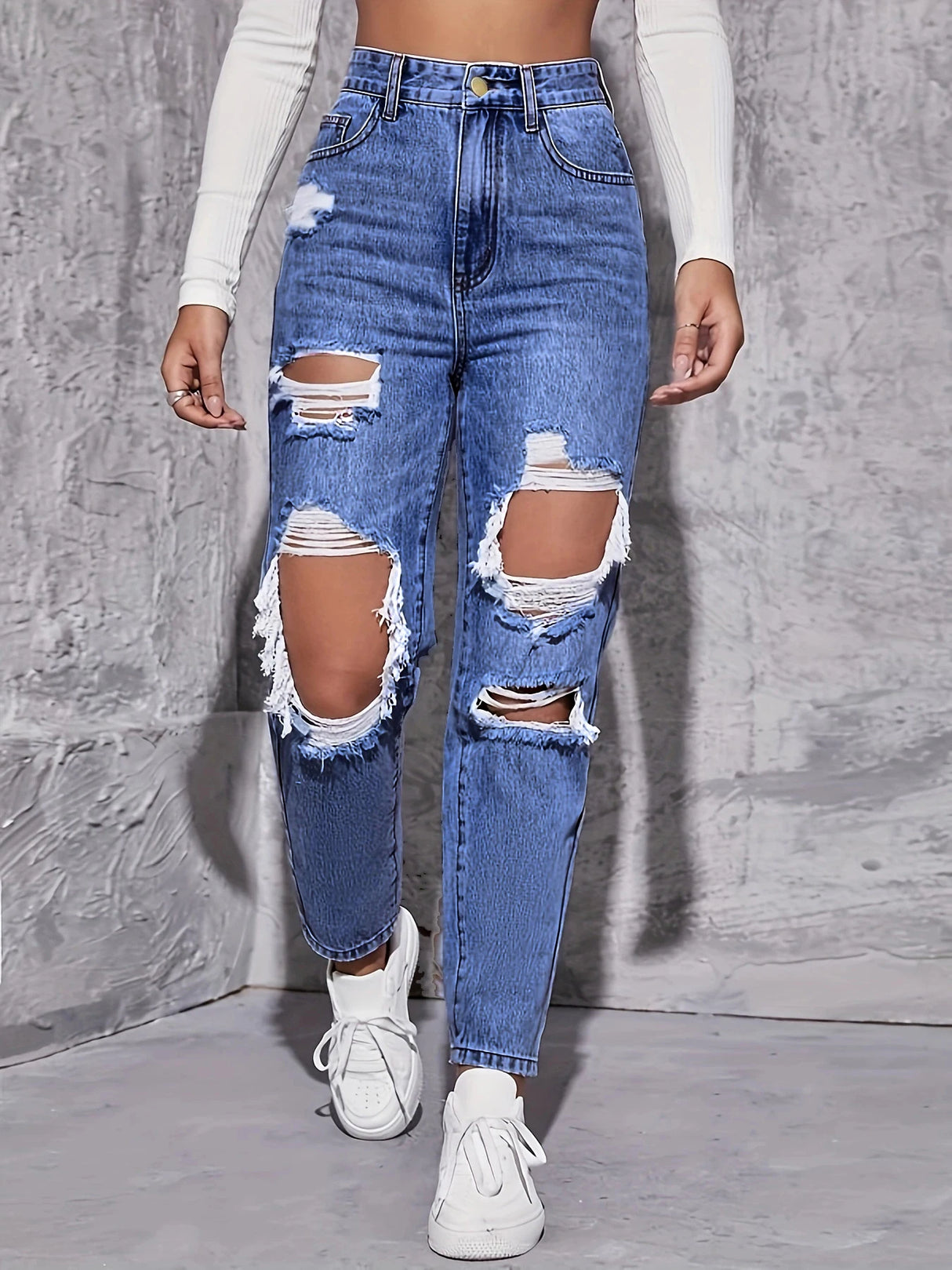 Women Retro Hole Wide-Leg Jeans