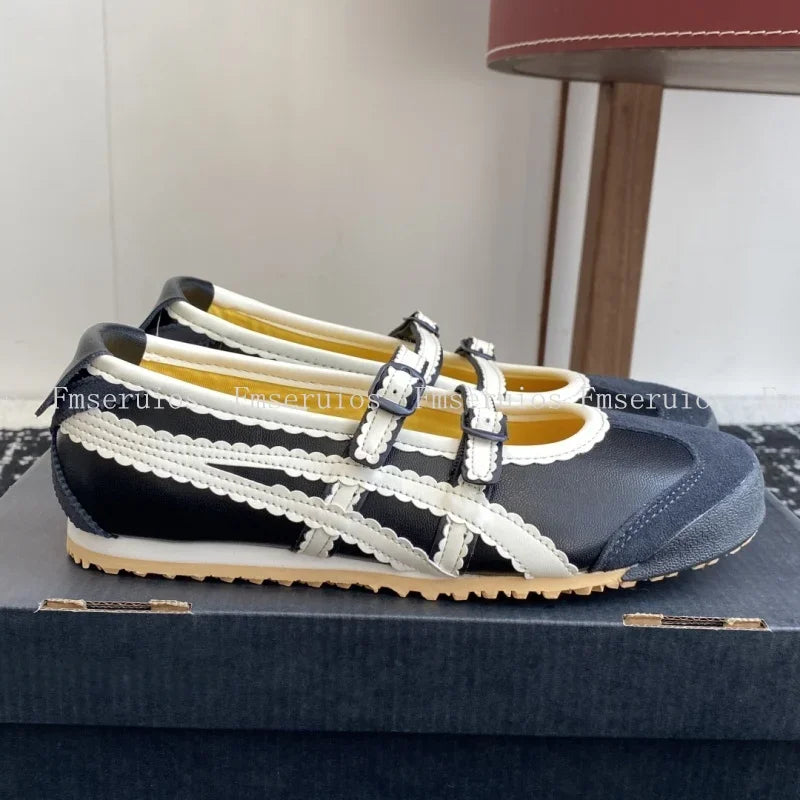 Women Ballet Flats Round Toe Lace Genuine Leather