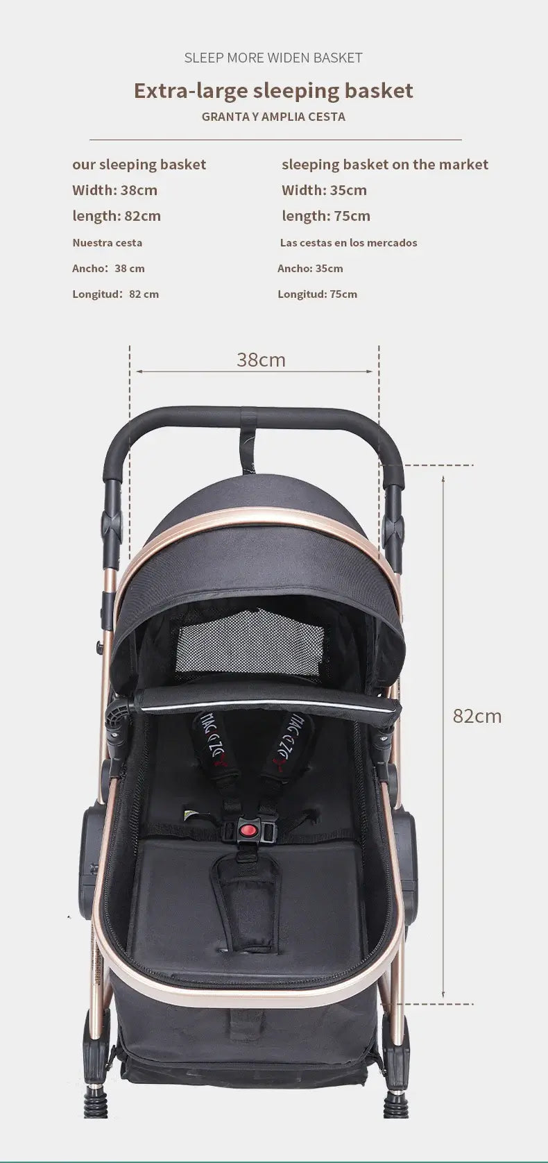 Extra-large baby stroller sleeping basket dimensions, 82 cm length, 38 cm width, designed for comfort and safety.