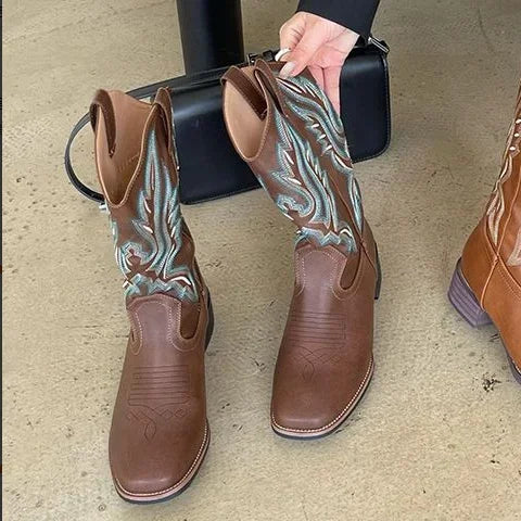 Women Mid Calf Boots Rose Embroidery Leather