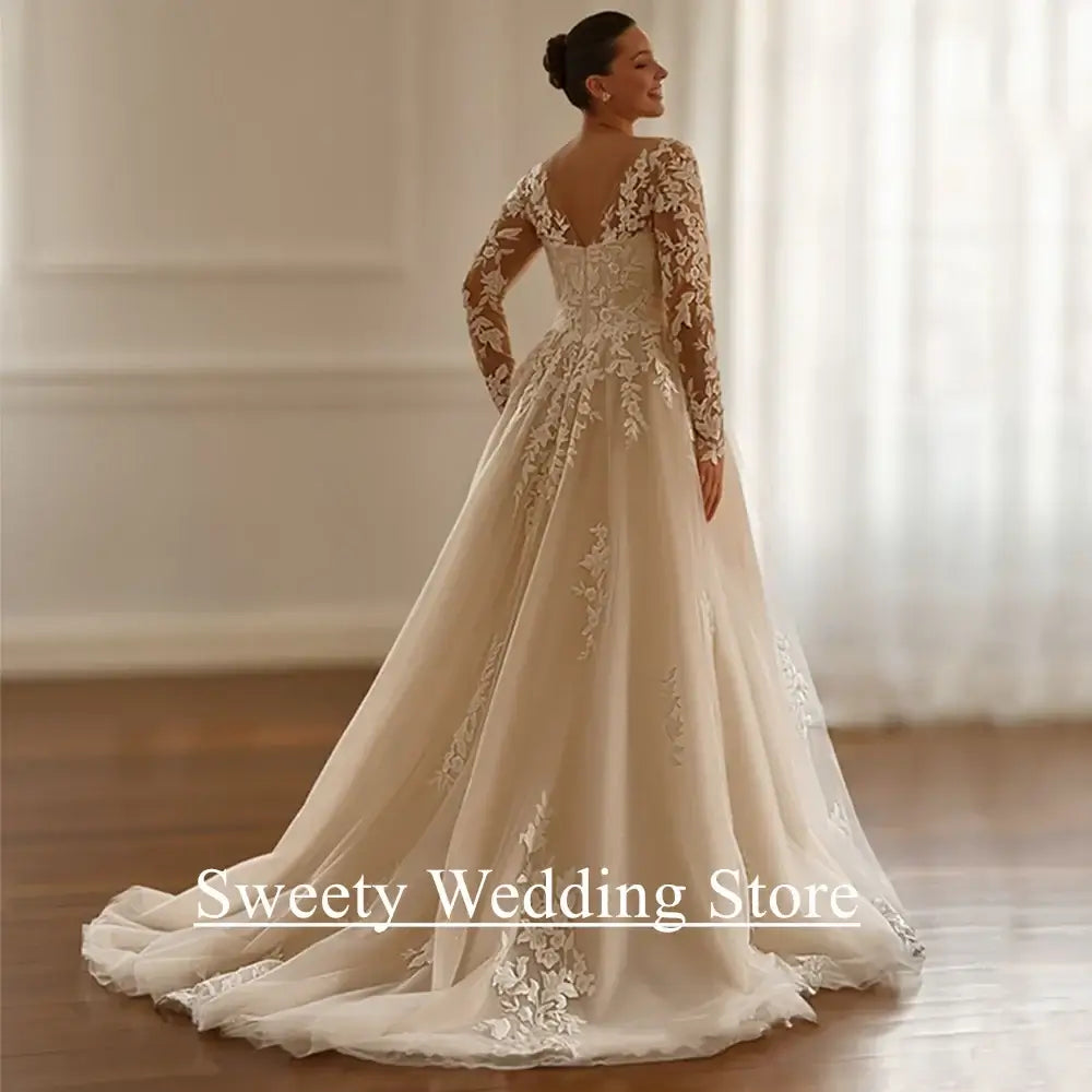 Women Plus Size Glitter Applique Long Sleeve Wedding Dress