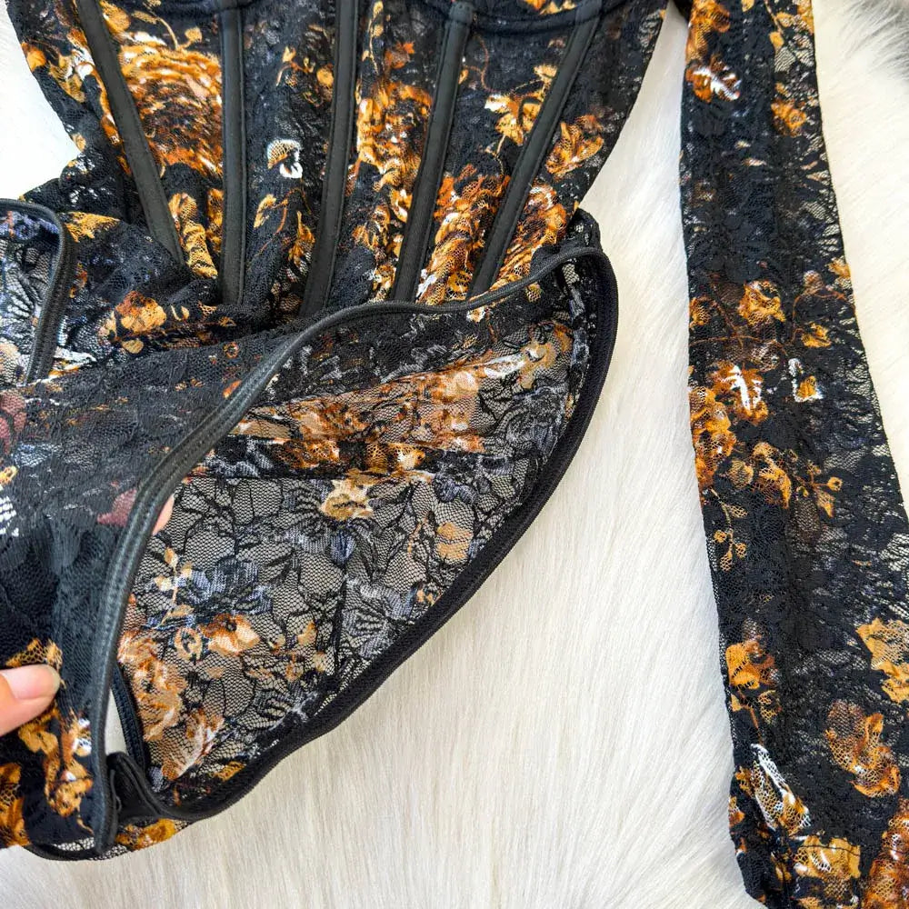 Women Square Neck Mesh Print Bodysuit