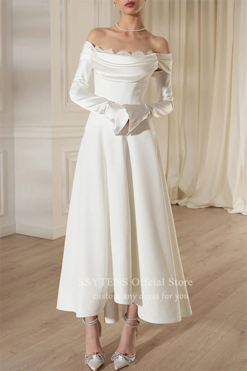 Chic off-shoulder satin wedding dress with detachable sleeves, ankle-length fit in elegant white.