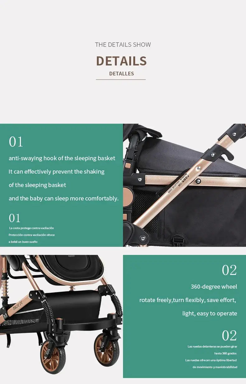 Close-up of a baby stroller showcasing features like an anti-sway hook and 360-degree wheels for easy maneuverability.