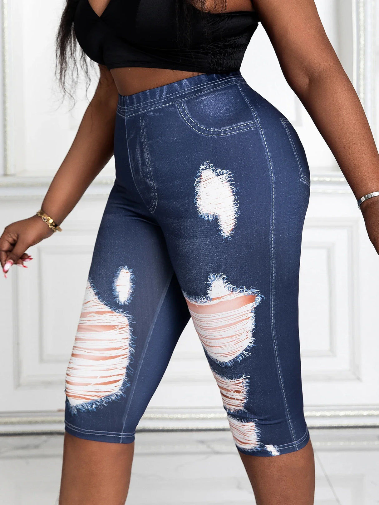 Women Plus Size Faux Denim Capri Pants