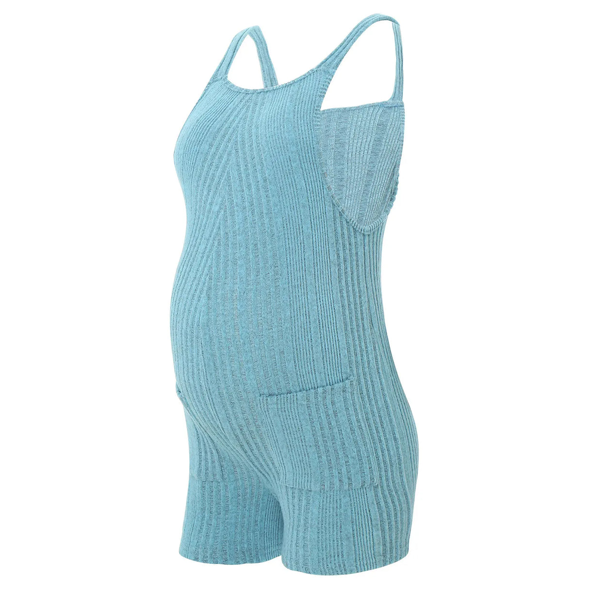 Sleeveless ribbed maternity jumpsuit in blue, designed for casual wear, featuring a loose fit and comfortable cotton blend fabric.