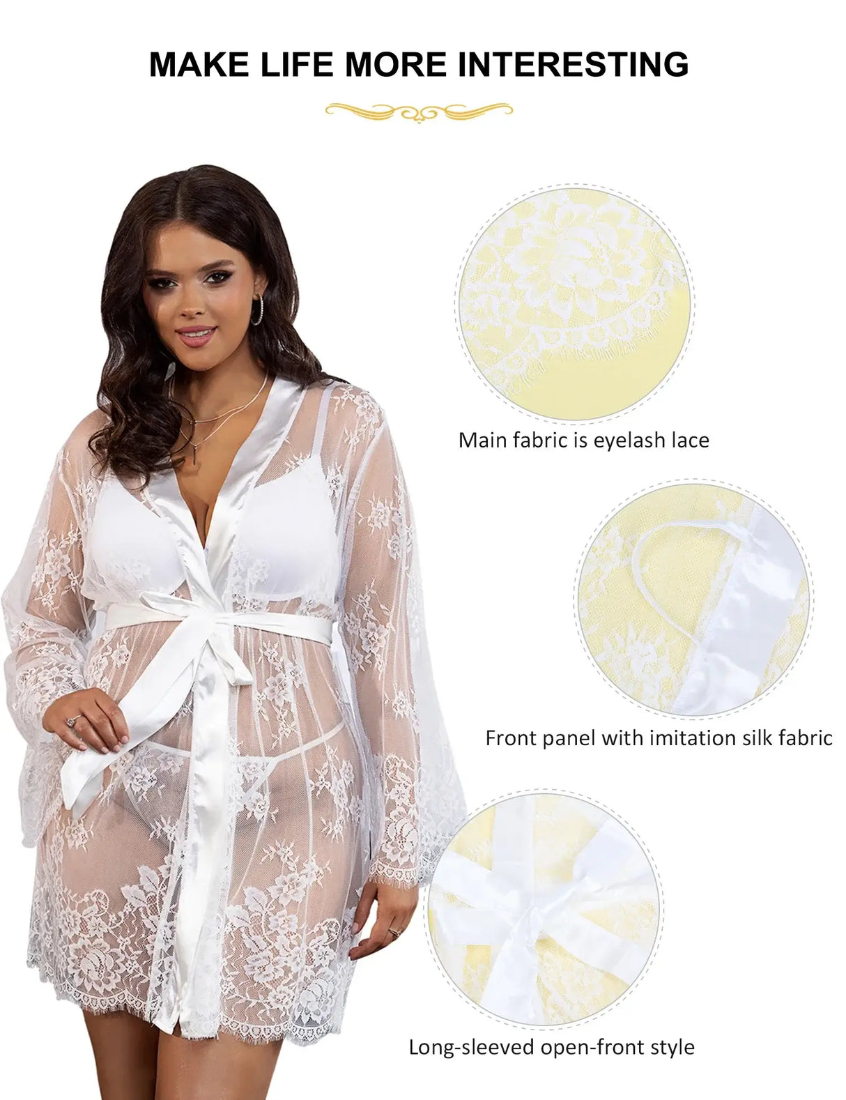 Women Plus Size White Lace Robe Long Sleeve Nightdress