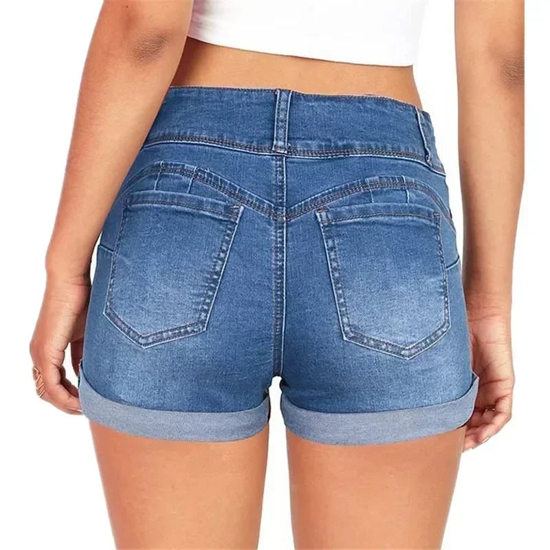 Women Denim Waistband Stretch Shorts