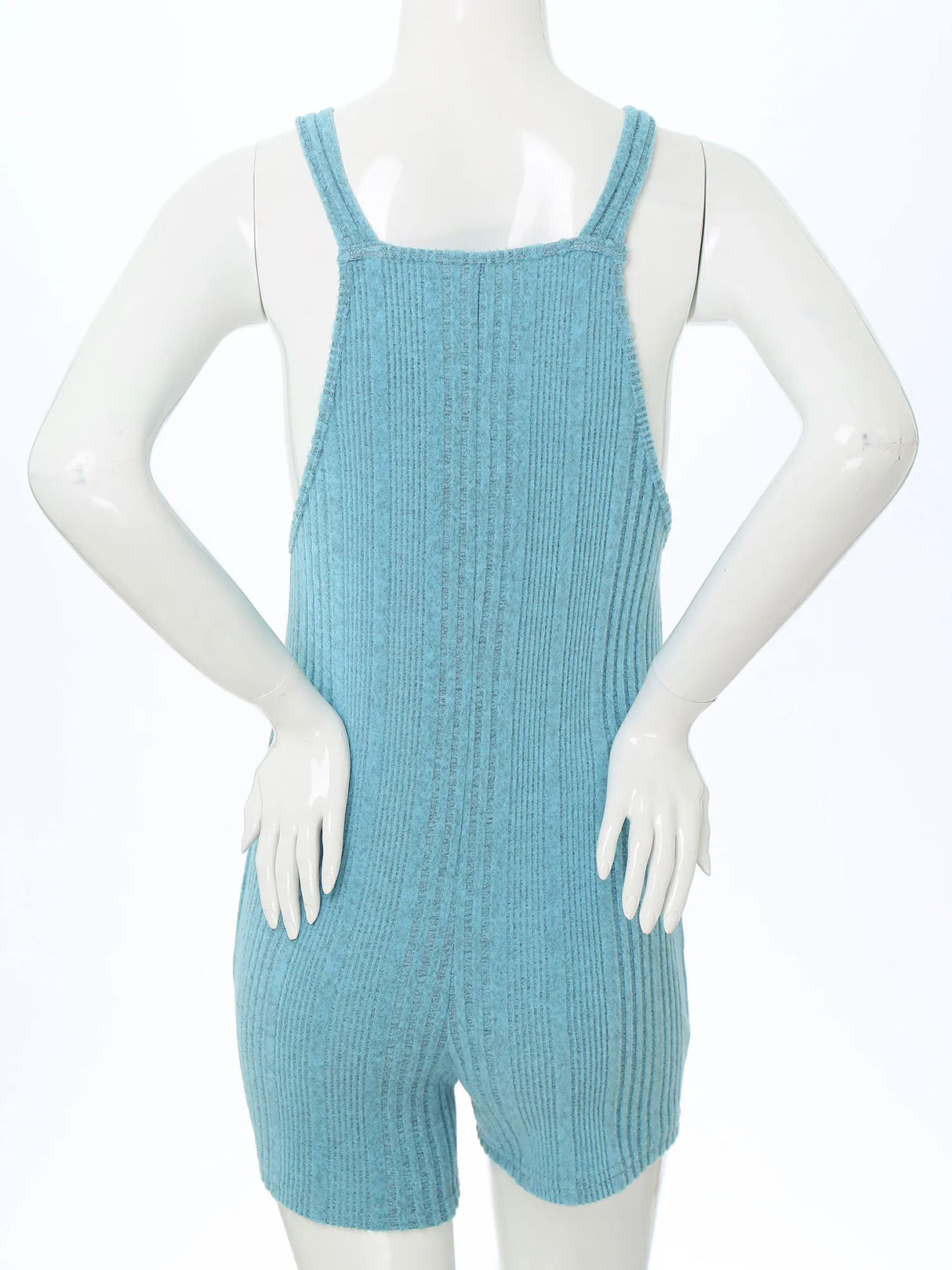 Back view of a sleeveless ribbed maternity jumpsuit in blue, perfect for casual summer wear for expectant mothers.