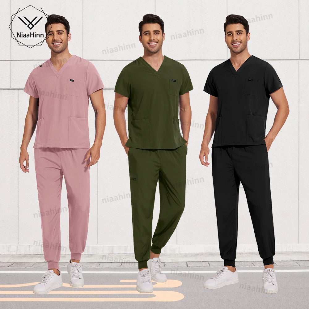 Men's short-sleeved scrub uniform sets in pink, green, and black from NiaaHinn, designed for medical and work environments.