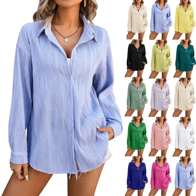 HarajukuMuse™ streetwear blouse in various colors, showcasing casual, chic style for Spring and Autumn.