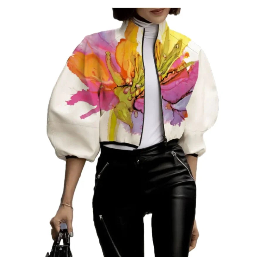 Floral High Neck Puff Sleeve Jacket