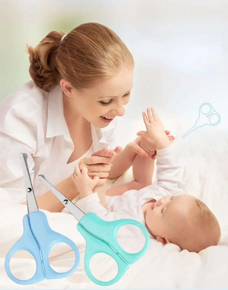 Mom using baby nail clippers on newborn, showcasing blue and green scissors for safe baby care.