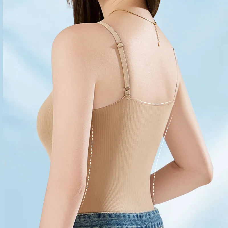 Back view of BraChic™ Ice Silk Cami with built-in bra, highlighting its smooth fit and elegant design.