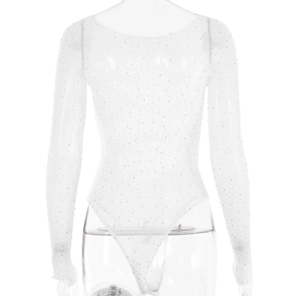 Women's Knitted Rhinestone Long Sleeve Bodysuit – Sexy Y2K Outfit