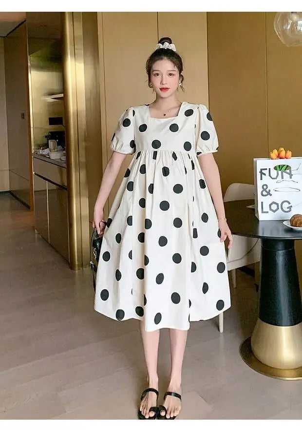Polka dot loose maternity dress in mid-calf length, perfect for summer, comfortable cotton blend for stylish expectant mothers.