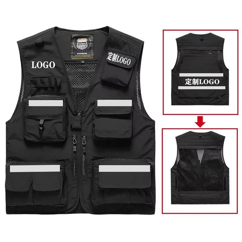 Reflective black work vest with multiple pockets and logo customization, designed for utility and safety.