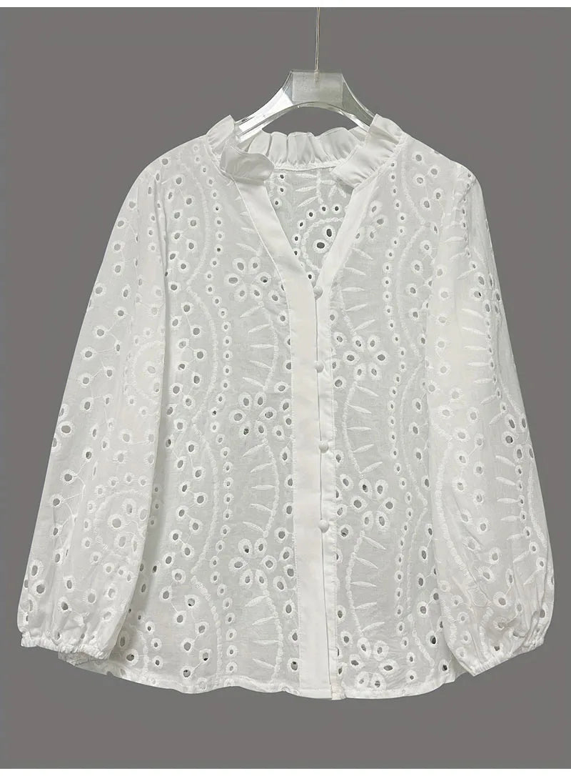 LaceWhisper™ hollow out white lace shirt, elegant summer blouse with long sleeves and V-neck design.