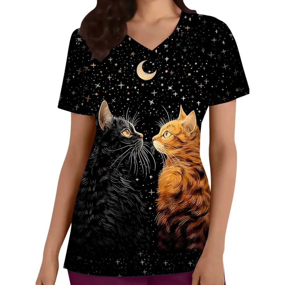 Cat print nurse scrubs featuring a black and orange cat design on a starry background, perfect for women in medical professions.