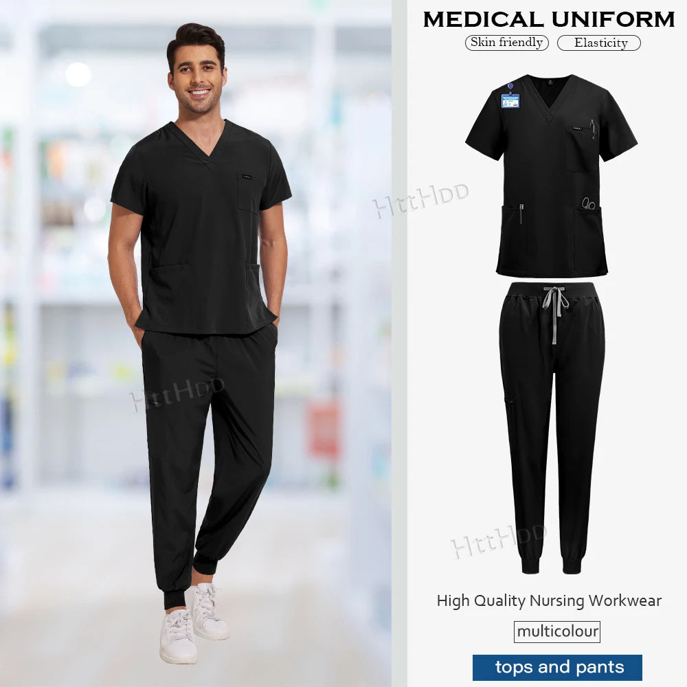 Unisex medical scrub uniform set featuring short sleeved top and pants, ideal for healthcare professionals in various colors.