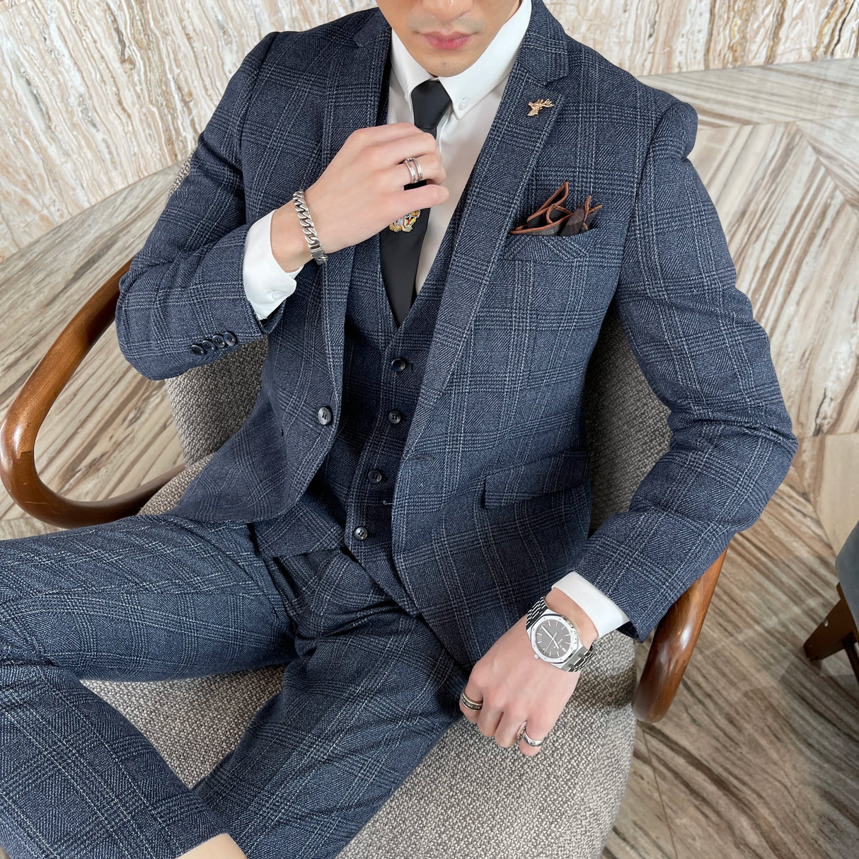Men Plaid 3-Piece Business Suit