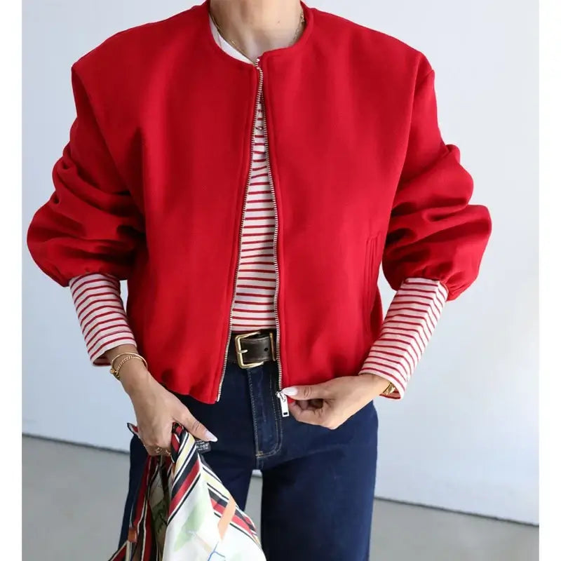 Women Red Zipper Bomber Jacket