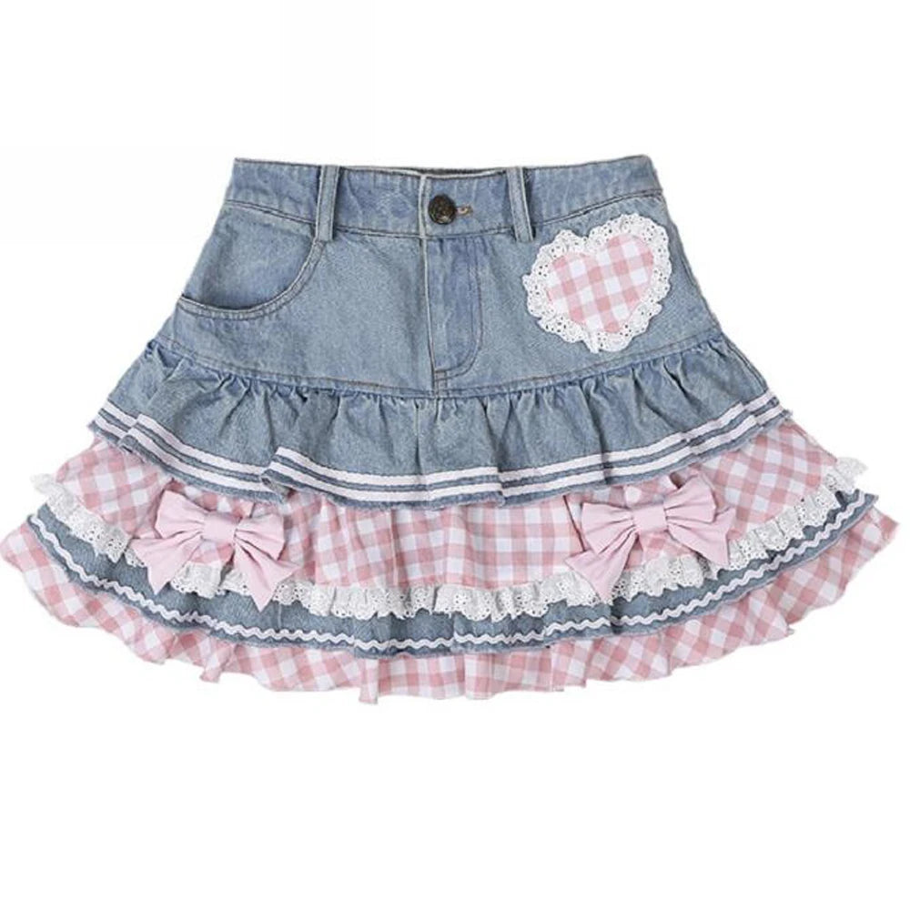 LolitaBall™ – Lace Skater Skirt (Sweet Harajuku Kawaii Denim Skirt)