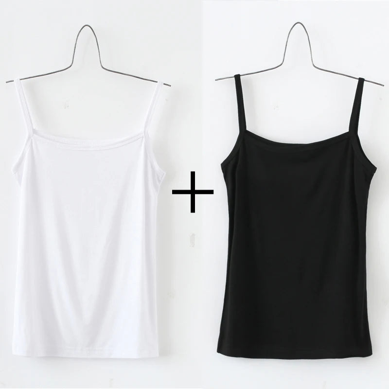 BasicBreeze™ Solid Cotton Strap Camis in White and Black, essential crop tops for everyday wear.