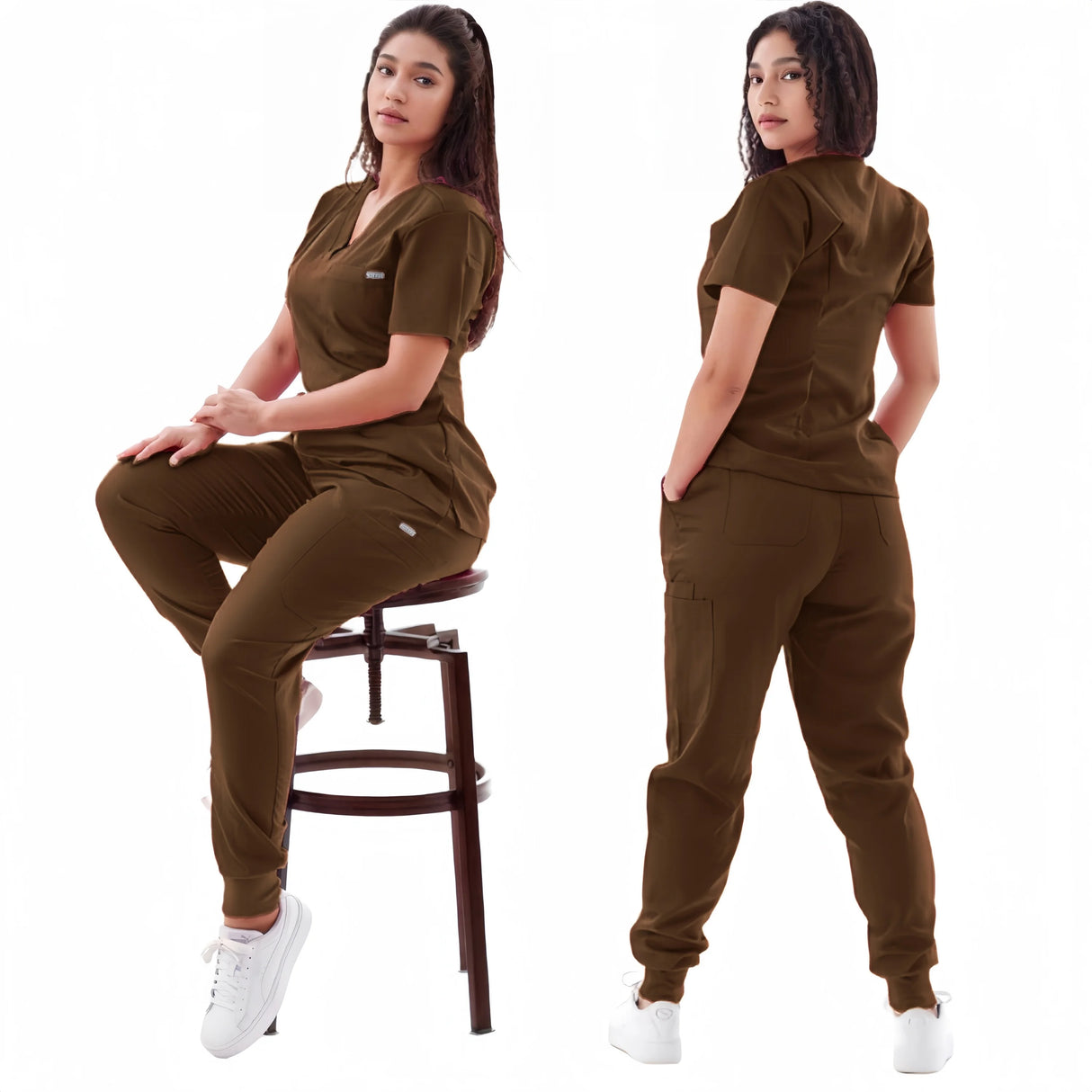 Breathable women's medical scrub set in brown, featuring elastic short sleeves and a modern fit for workwear comfort.