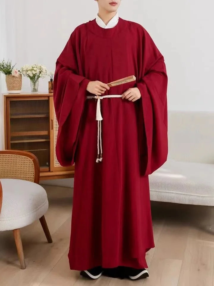 Classic Tang Dynasty Hanfu Robe in rich red, unisex outfit featuring long sleeves and traditional style, perfect for cultural events.