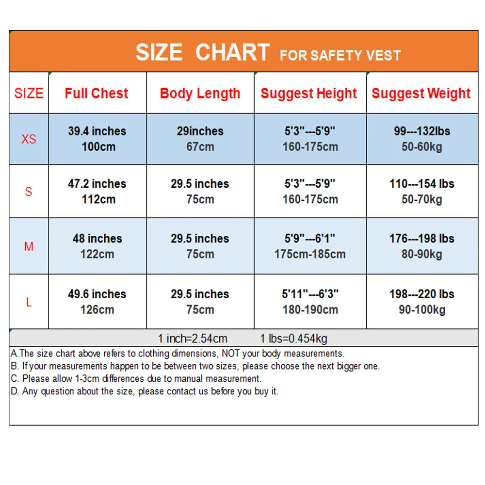 Size chart for women's high visibility pink safety vest, displaying measurements and suggestions for XS, S, M, and L.