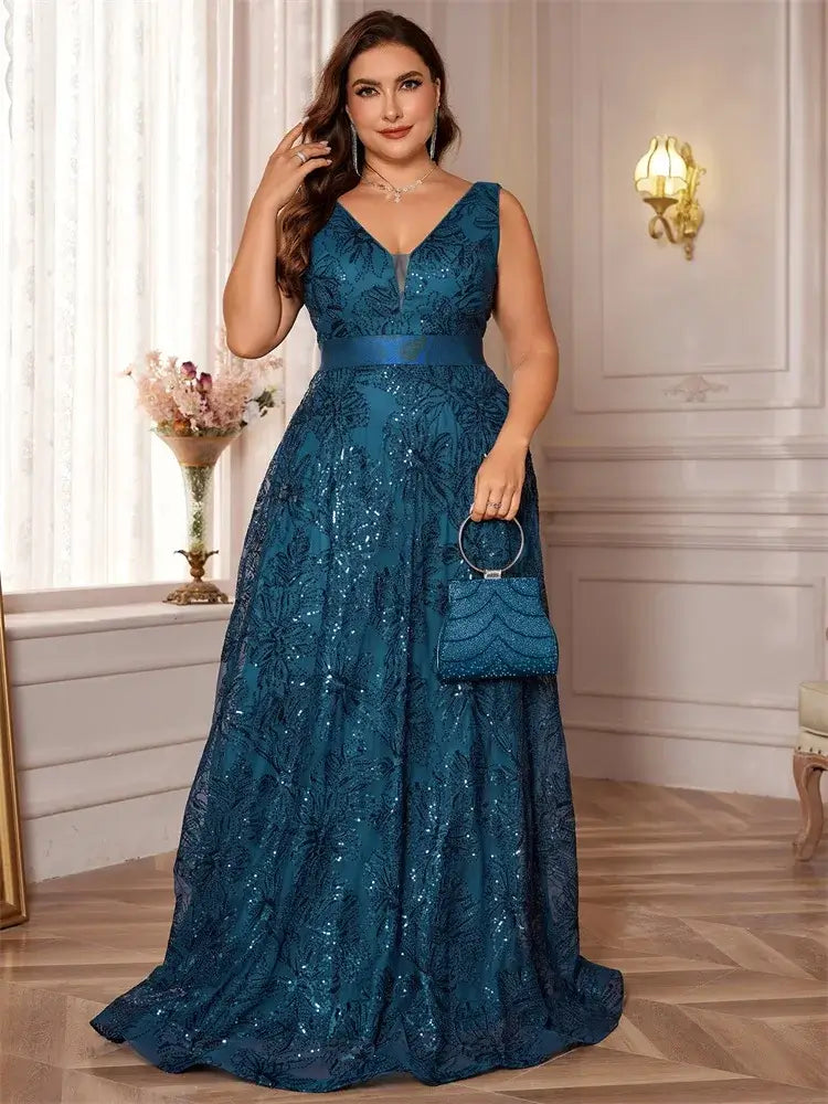 Women Plus Size V-Back Sequin Evening Cocktail Dress