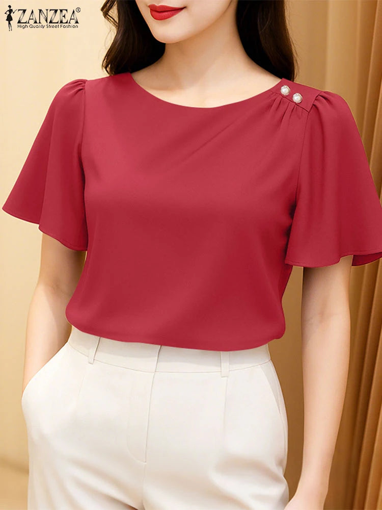 Women Satin Office Short Sleeve Blouse