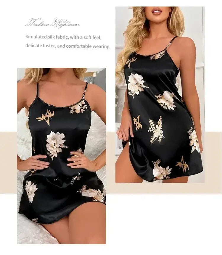 Women Black Floral Nightdress Satin Sleepshirt Casual