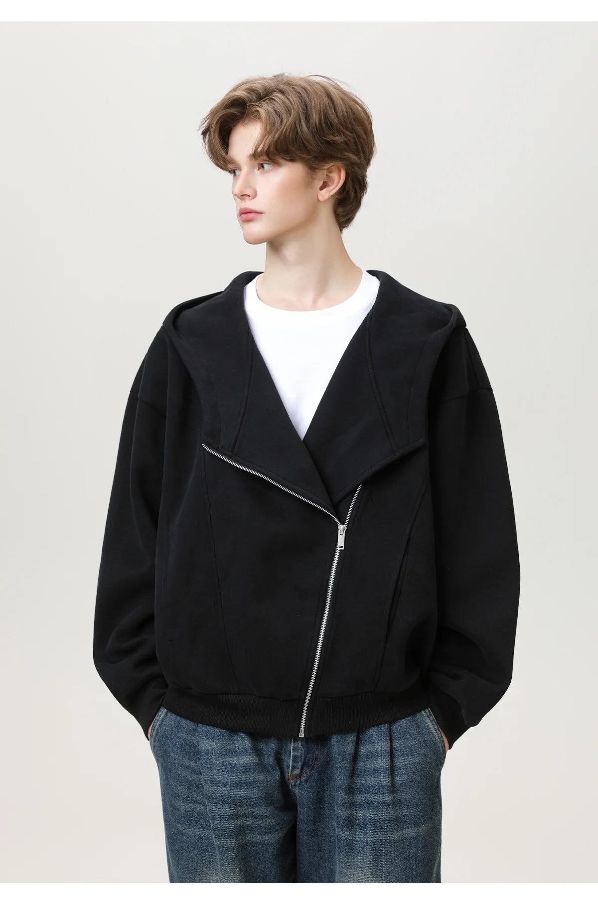 Slant Zipper Hooded Cardigan Jacket