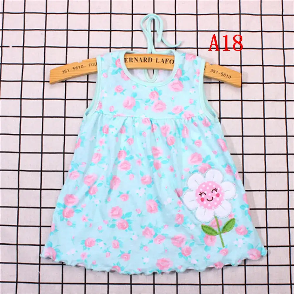 Newborn girls' cotton floral sleeveless dress in light blue with flower design, perfect for summer wear.