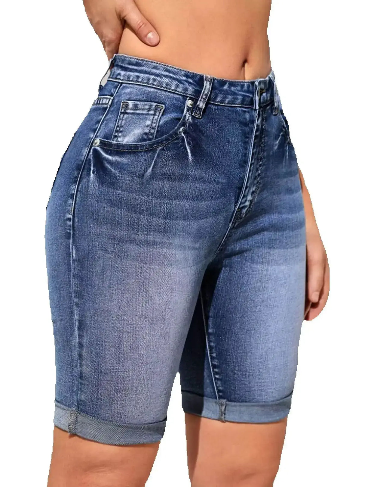 Women High Waist Knee Length Denim Shorts