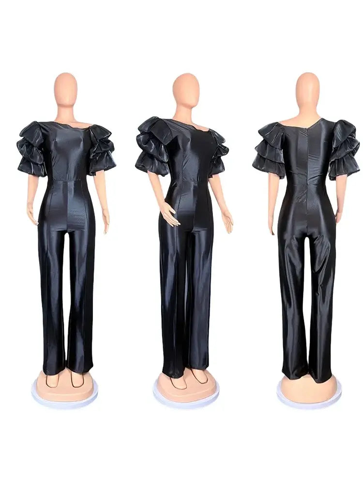Women Satin Puff Sleeve Party Jumpsuit